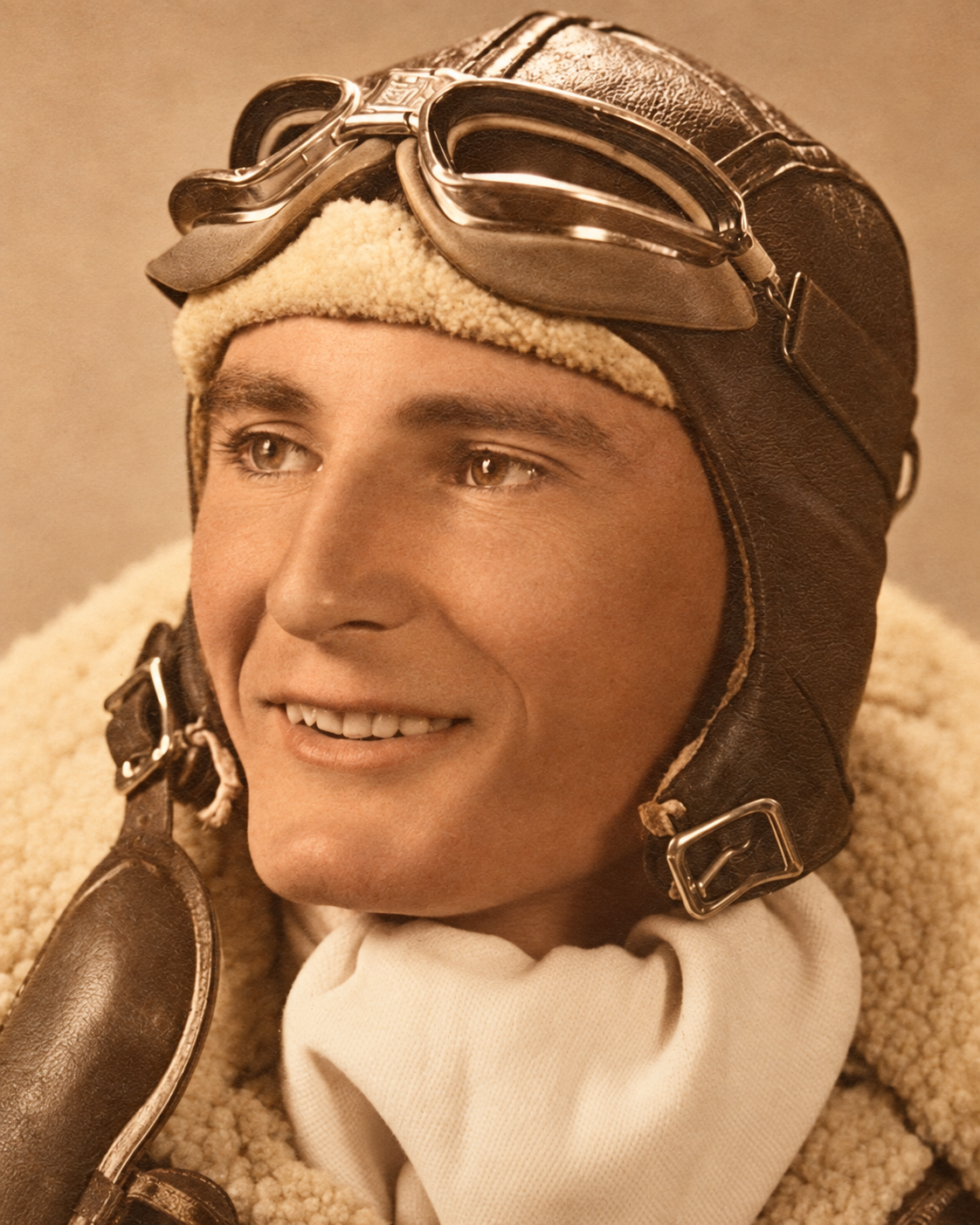 Historic portrait photograph of an aviator in vintage leather flight gear and goggles